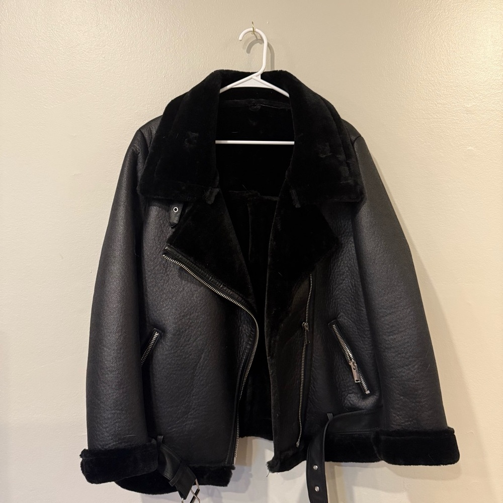 Faux leather jacket with faux fur collar